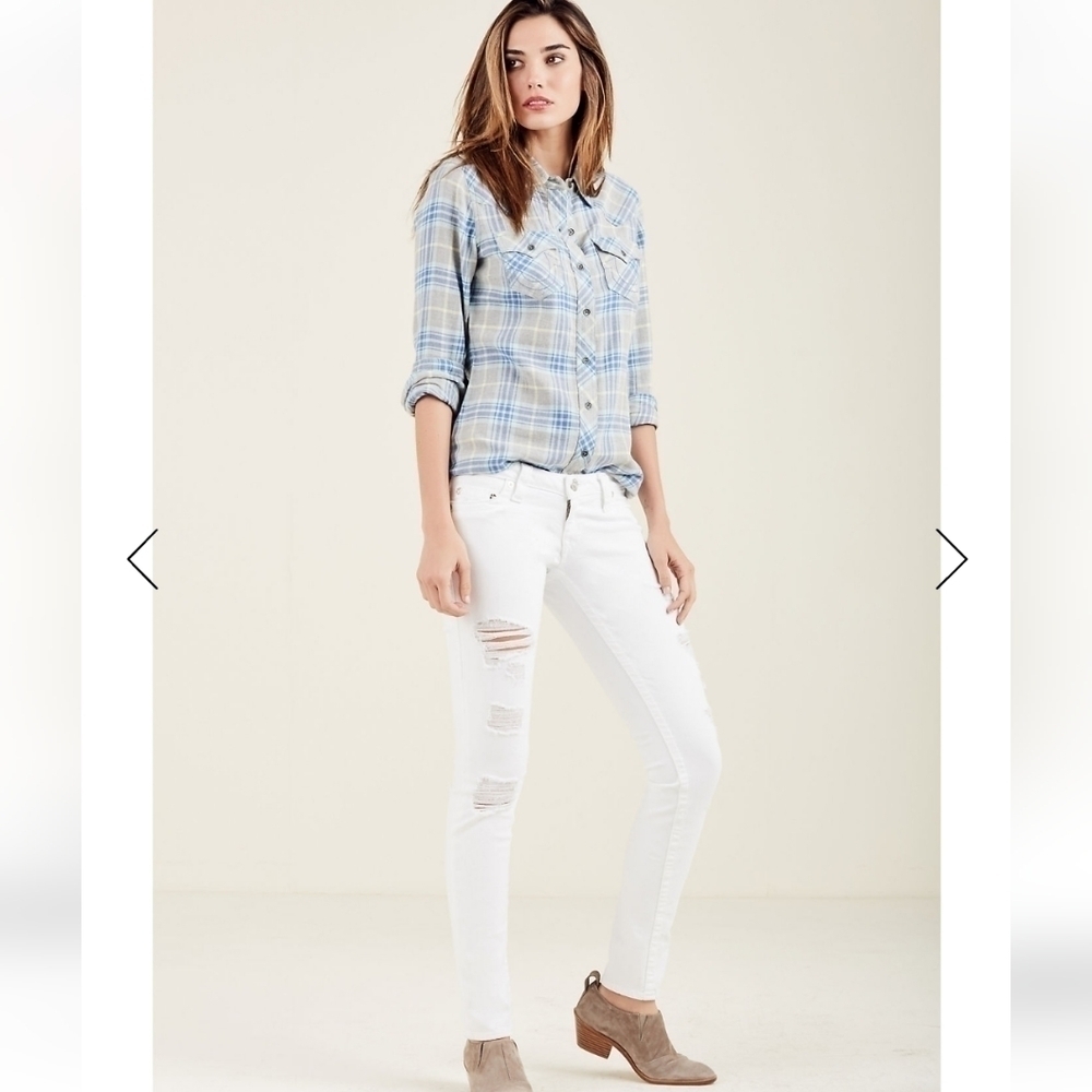 TRUE RELIGION  CURVY HI-RISE RIPPED SKINNY STRETCH JEANS WHITE size 32